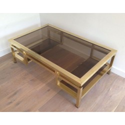 Rare et Importante Table Basse en Laiton à Plateaux de Verre Fumé, Guy Lefèvre pour la Maison Jansen, Vers 1970