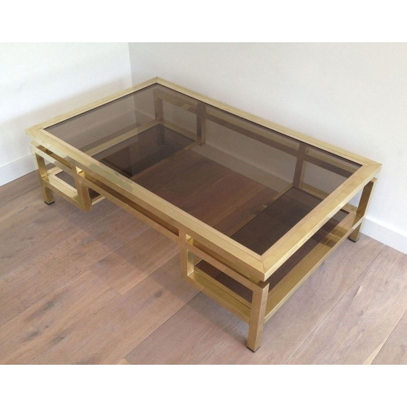 Rare et Importante Table Basse en Laiton à Plateaux de Verre Fumé, Guy Lefèvre pour la Maison Jansen, Vers 1970