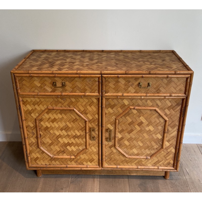 Straw and Bamboo Marquetry Chest of Drawers with Chinoiserie Brass Handles, French, Circa 1930