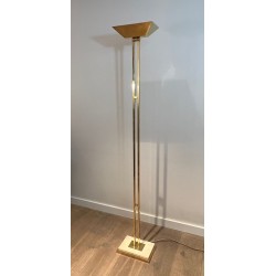 Lampadaire Laiton à Réflecteur Orientable, Socle Travertin, Travail Français, vers 1970 | Maison BARROIS