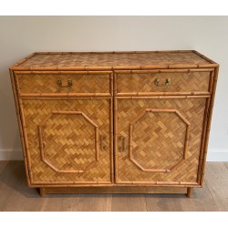 Straw and Bamboo Marquetry Chest of Drawers with Chinoiserie Brass Handles, French, Circa 1930