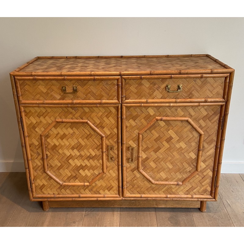 Straw and Bamboo Marquetry Chest of Drawers with Chinoiserie Brass Handles, French, Circa 1930