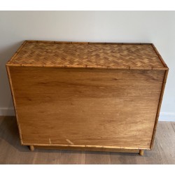 Straw and Bamboo Marquetry Chest of Drawers with Chinoiserie Brass Handles, French, Circa 1930