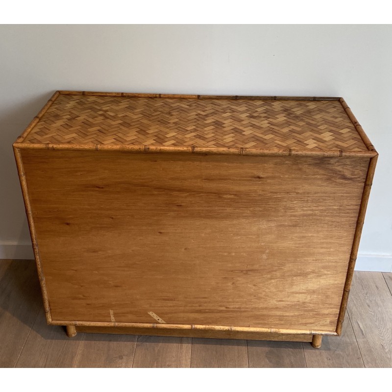 Straw and Bamboo Marquetry Chest of Drawers with Chinoiserie Brass Handles, French, Circa 1930