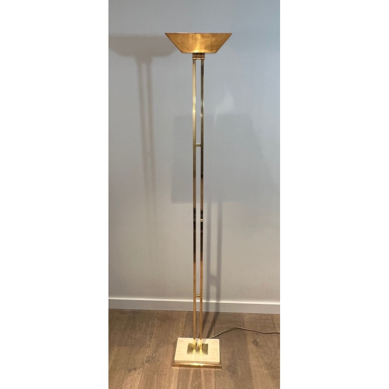 Lampadaire Laiton à Réflecteur Orientable, Socle Travertin, Travail Français, vers 1970 | Maison BARROIS