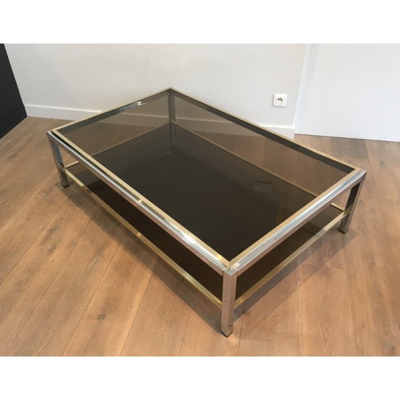 Importante Table Basse en Chrome et Laiton à Plateaux de Verre Fumé, Attribuée à Willy Rizzo, Vers 1970