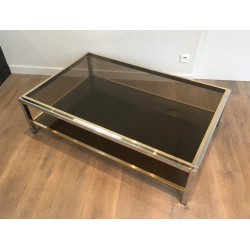 Importante Table Basse en Chrome et Laiton à Plateaux de Verre Fumé, Attribuée à Willy Rizzo, Vers 1970