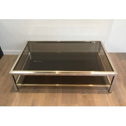 Importante Table Basse en Chrome et Laiton à Plateaux de Verre Fumé, Attribuée à Willy Rizzo, Vers 1970