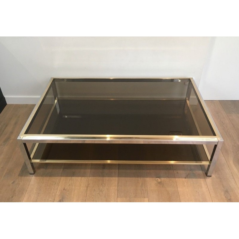 Large Chrome and Brass Coffee Table with Smoked Glass Tops, Attributed to Willy Rizzo, Circa 1970