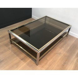 Large Chrome and Brass Coffee Table with Smoked Glass Tops, Attributed to Willy Rizzo, Circa 1970