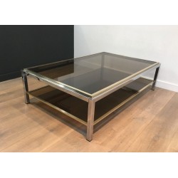 Importante Table Basse en Chrome et Laiton à Plateaux de Verre Fumé, Attribuée à Willy Rizzo, Vers 1970