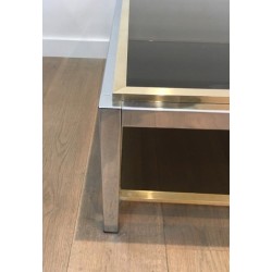 Large Chrome and Brass Coffee Table with Smoked Glass Tops, Attributed to Willy Rizzo, Circa 1970