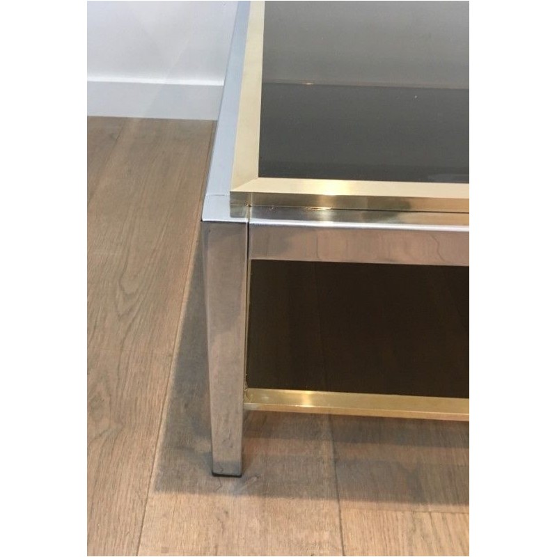Importante Table Basse en Chrome et Laiton à Plateaux de Verre Fumé, Attribuée à Willy Rizzo, Vers 1970
