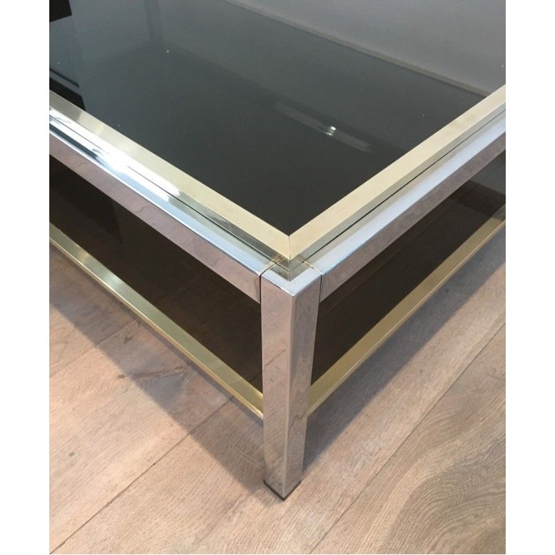 Large Chrome and Brass Coffee Table with Smoked Glass Tops, Attributed to Willy Rizzo, Circa 1970