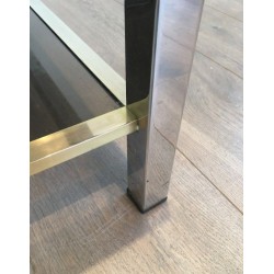 Importante Table Basse en Chrome et Laiton à Plateaux de Verre Fumé, Attribuée à Willy Rizzo, Vers 1970
