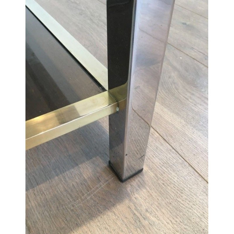 Importante Table Basse en Chrome et Laiton à Plateaux de Verre Fumé, Attribuée à Willy Rizzo, Vers 1970