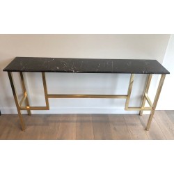 Brass Console with Black Marble Top, in the Style of Guy Lefèvre for Maison Jansen, French, Circa 1970