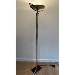Lampadaire de Parquet en Acier et Laiton sur Socle en Marbre Noir dans le Goût des Ateliers Perzel