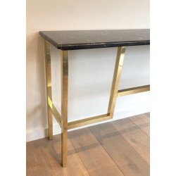Console en Laiton à Plateau de Marbre Noir, dans le Goût de Guy Lefèvre pour la Maison Jansen, Travail Français, Vers 1970