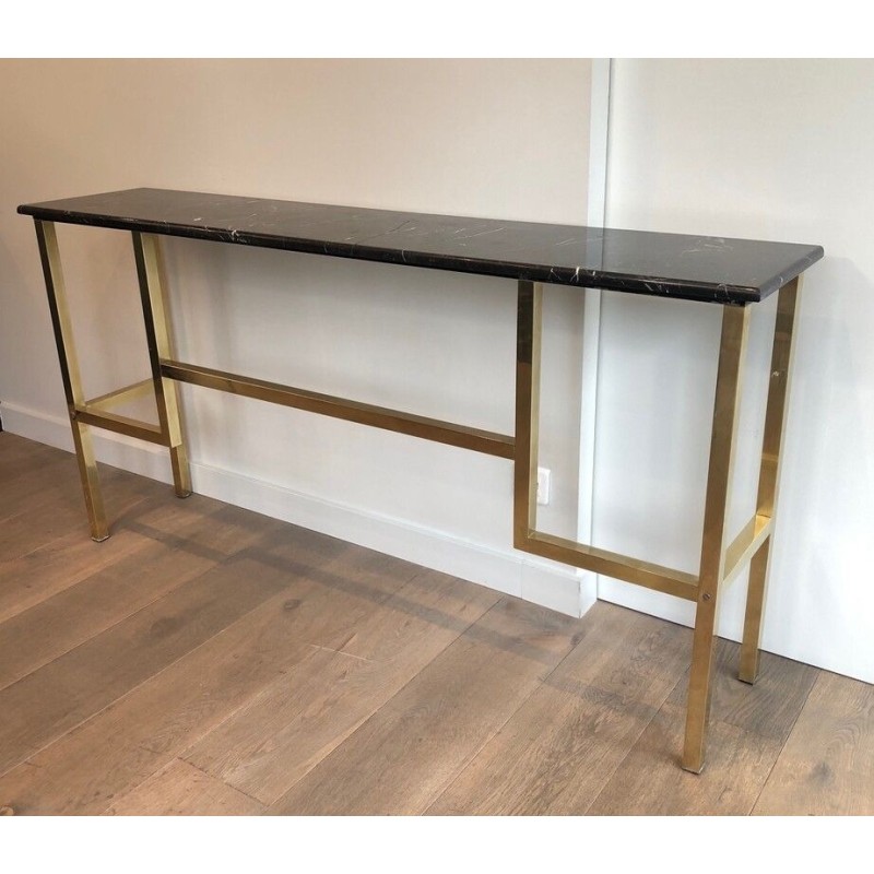 Console en Laiton à Plateau de Marbre Noir, dans le Goût de Guy Lefèvre pour la Maison Jansen, Travail Français, Vers 1970