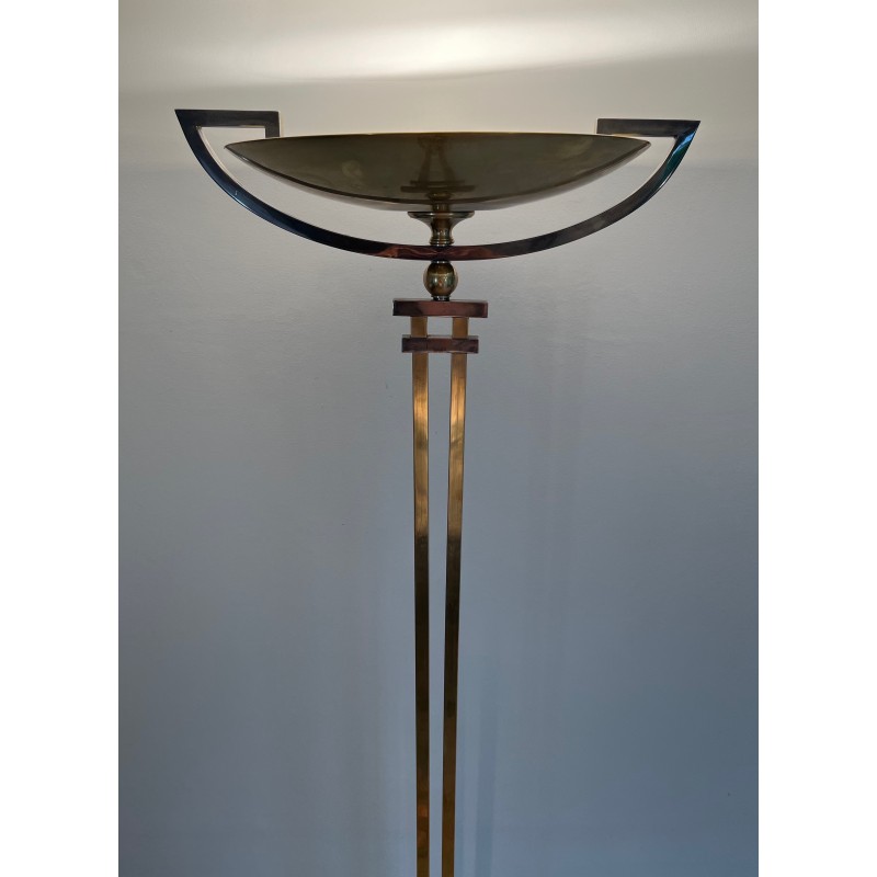 Steel and Brass Floor Lamp, standing on a Black Marble Base. In the Style of Perzel Workshops.