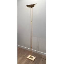 Lampadaire Laiton à Réflecteur Orientable, Socle Travertin, Travail Français, vers 1970 | Maison BARROIS