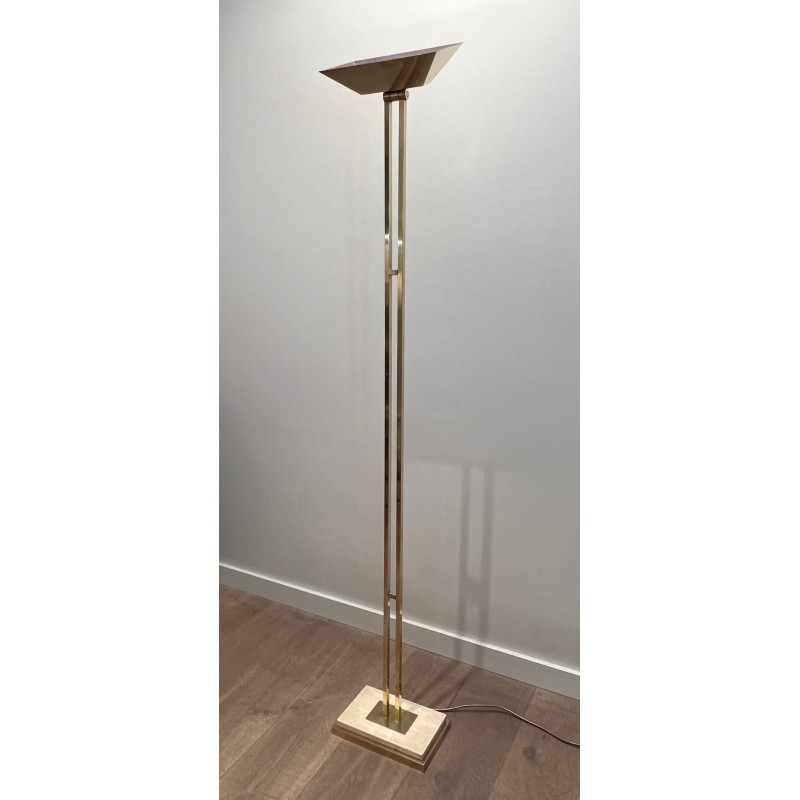 Lampadaire Laiton à Réflecteur Orientable, Socle Travertin, Travail Français, vers 1970 | Maison BARROIS