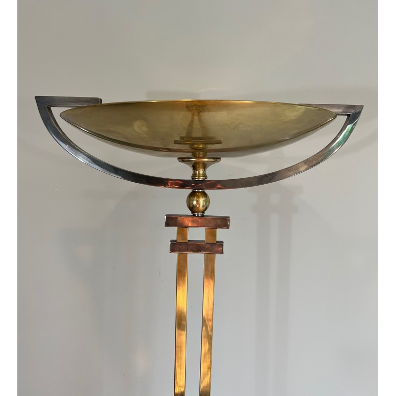 Lampadaire de Parquet en Acier et Laiton sur Socle en Marbre Noir dans le Goût des Ateliers Perzel