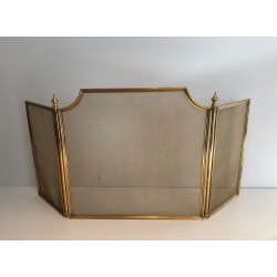 Neoclassical Style Brass Fireplace Screen with Gilt Brass Grille, in the Manner of Maison Jansen, French, Circa 1960