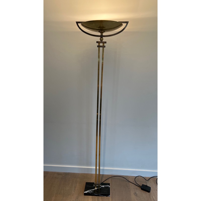 Steel and Brass Floor Lamp, standing on a Black Marble Base. In the Style of Perzel Workshops.