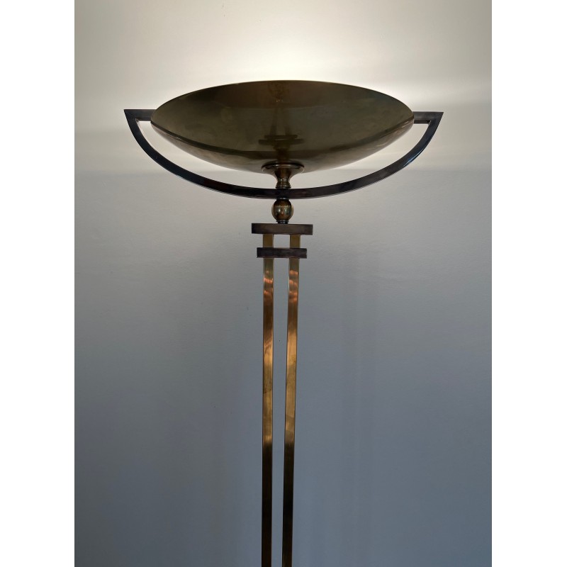 Steel and Brass Floor Lamp, standing on a Black Marble Base. In the Style of Perzel Workshops.