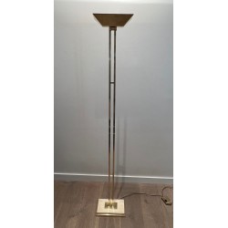 Lampadaire Laiton à Réflecteur Orientable, Socle Travertin, Travail Français, vers 1970 | Maison BARROIS