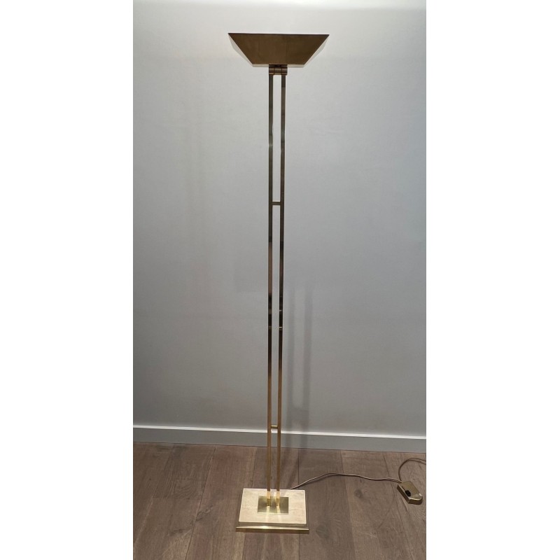 Lampadaire Laiton à Réflecteur Orientable, Socle Travertin, Travail Français, vers 1970 | Maison BARROIS