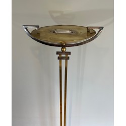 Lampadaire de Parquet en Acier et Laiton sur Socle en Marbre Noir dans le Goût des Ateliers Perzel