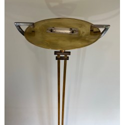 Steel and Brass Floor Lamp, standing on a Black Marble Base. In the Style of Perzel Workshops.