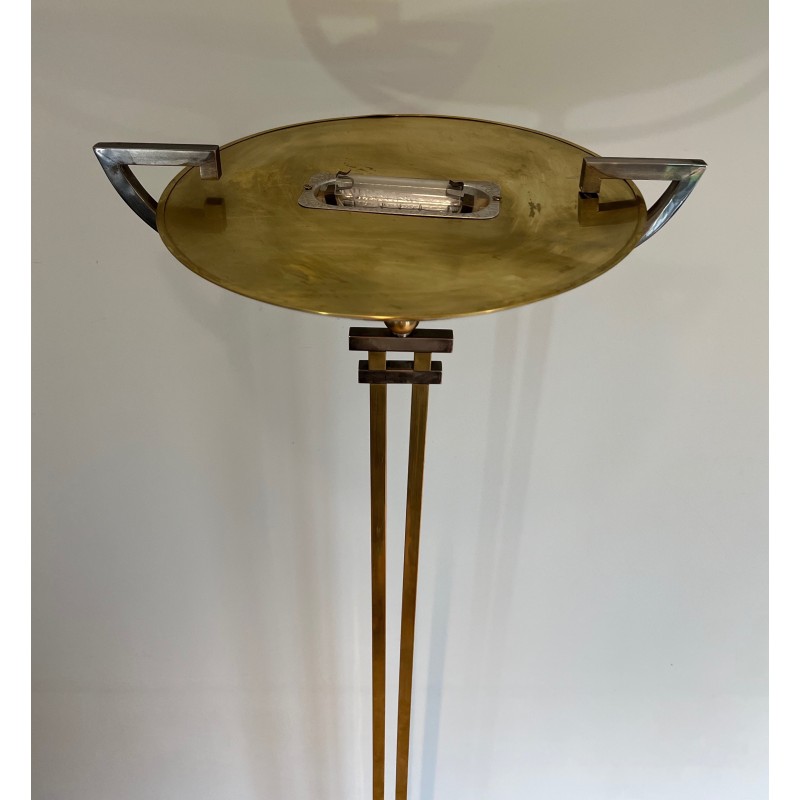 Steel and Brass Floor Lamp, standing on a Black Marble Base. In the Style of Perzel Workshops.