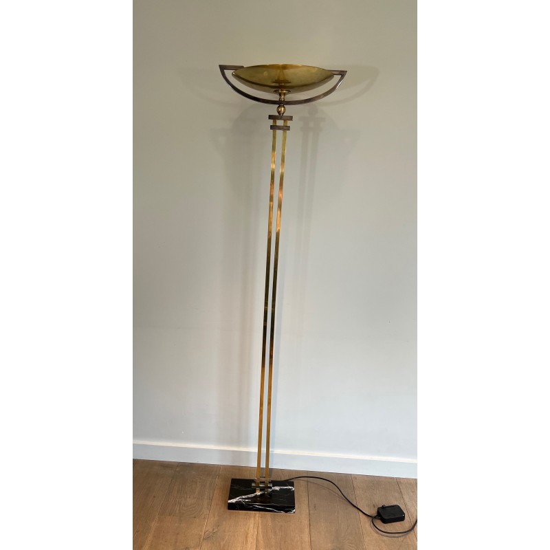 Lampadaire de Parquet en Acier et Laiton sur Socle en Marbre Noir dans le Goût des Ateliers Perzel