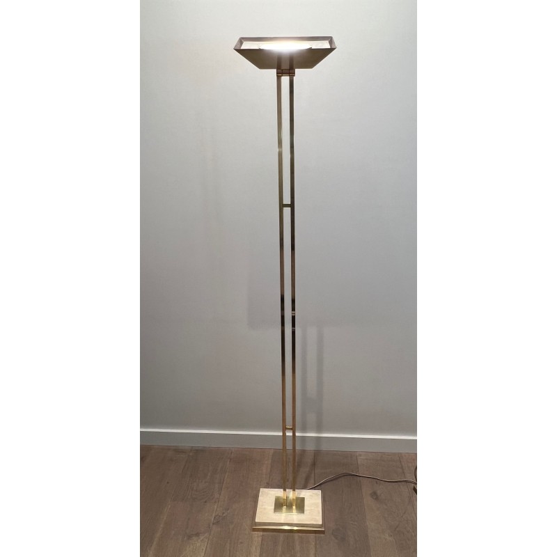 Lampadaire Laiton à Réflecteur Orientable, Socle Travertin, Travail Français, vers 1970 | Maison BARROIS