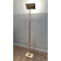Lampadaire Laiton à Réflecteur Orientable, Socle Travertin, Travail Français, vers 1970 | Maison BARROIS