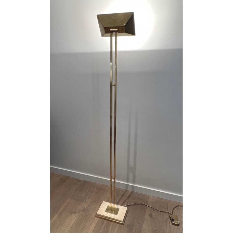 Brass Floor Lamp with Adjustable Reflector, Travertine Base, French Work, circa 1970 | Maison BARROIS