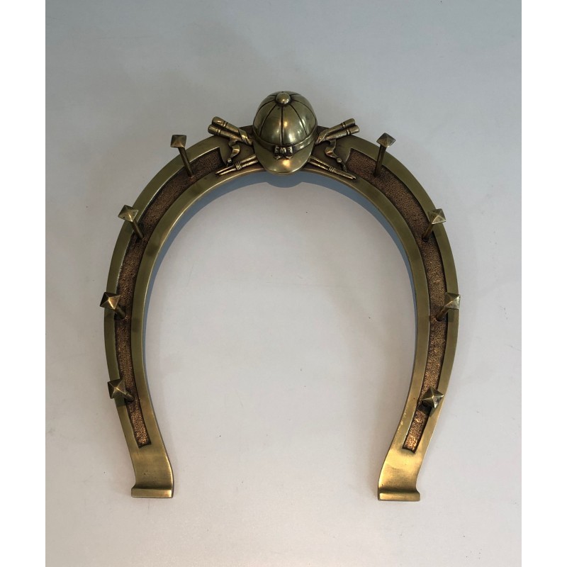 Equestrian Brass Wall Holder with Horseshoe Motif and Riding Accessories, French Work, Circa 1930