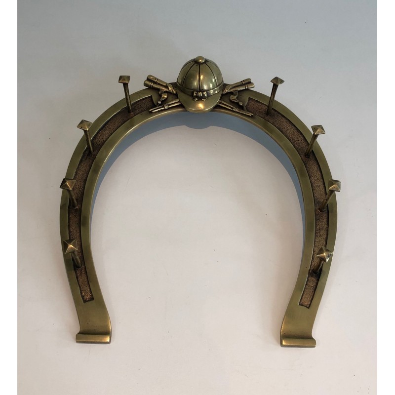 Equestrian Brass Wall Holder with Horseshoe Motif and Riding Accessories, French Work, Circa 1930