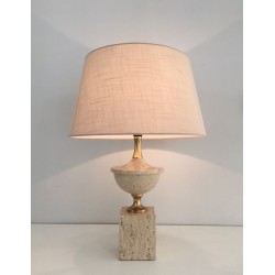 Lampe de Table Balustre en Travertin et Métal Doré par Philippe Barbier, Travail Français, Vers 1970