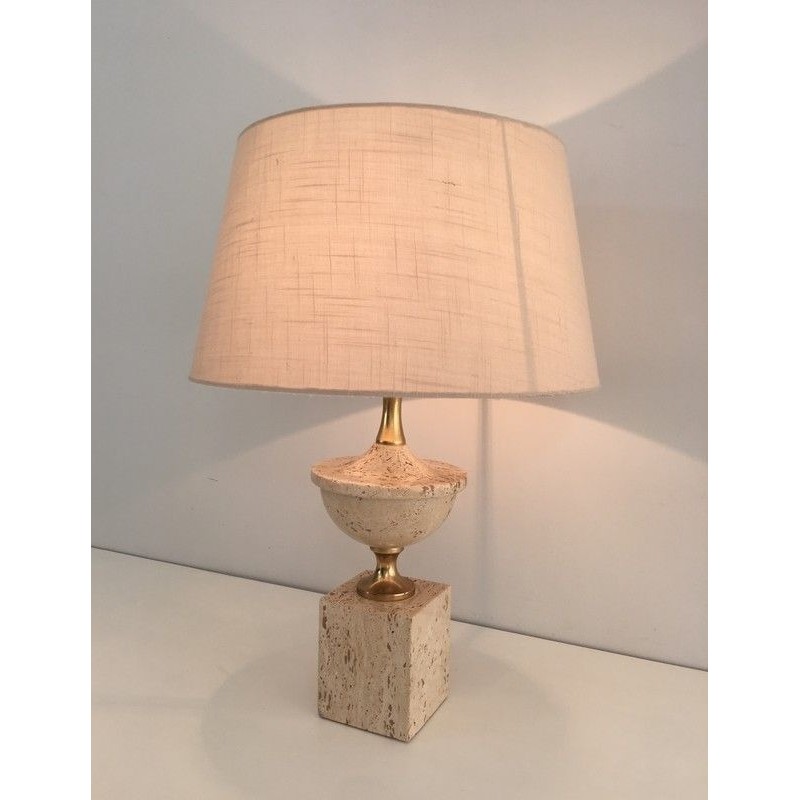 Lampe de Table Balustre en Travertin et Métal Doré par Philippe Barbier, Travail Français, Vers 1970