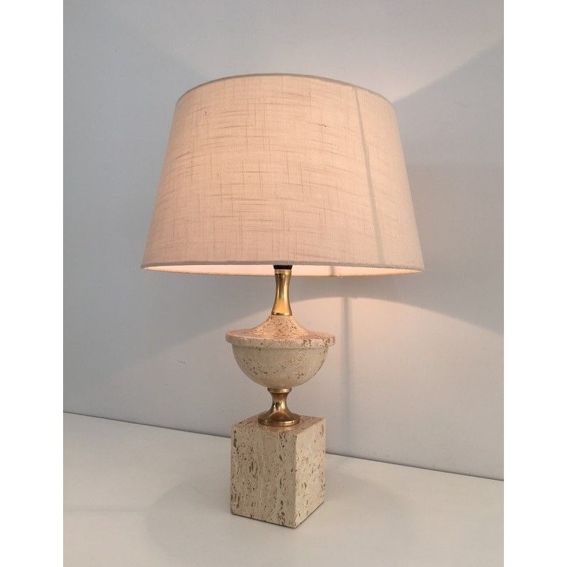 Travertine and Gilt Metal Baluster Table Lamp by Philippe Barbier, French Work, Circa 1970