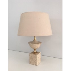 Lampe de Table Balustre en Travertin et Métal Doré par Philippe Barbier, Travail Français, Vers 1970