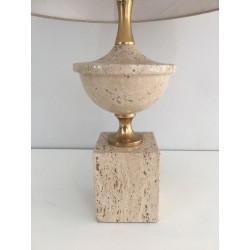 Travertine and Gilt Metal Baluster Table Lamp by Philippe Barbier, French Work, Circa 1970