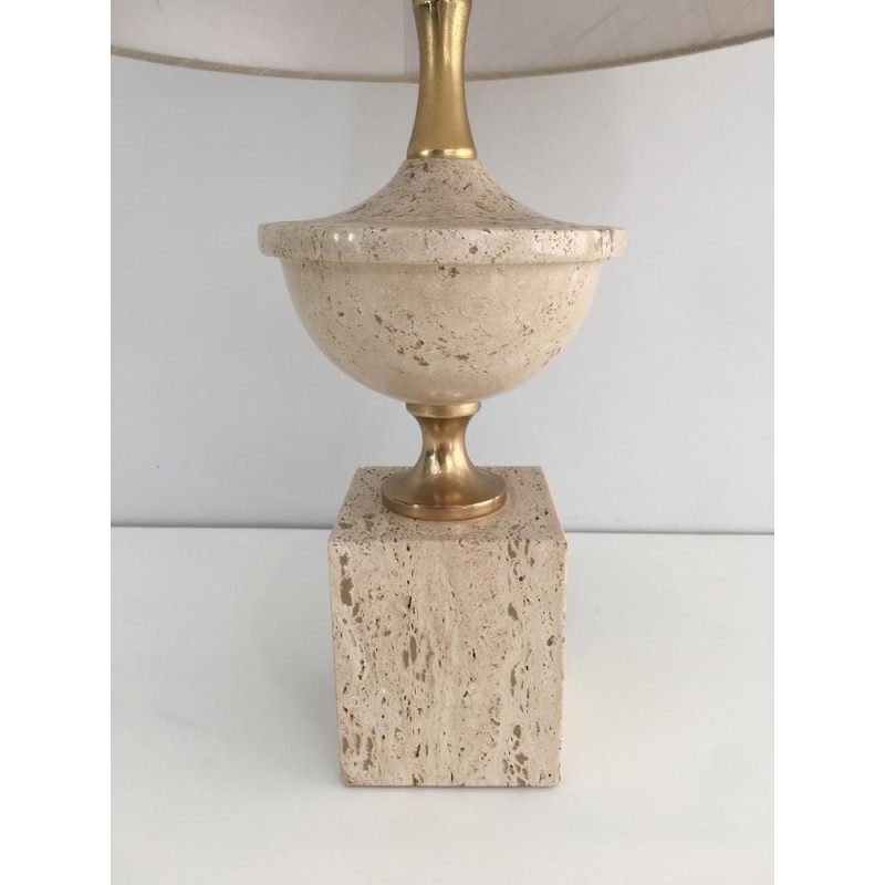 Travertine and Gilt Metal Baluster Table Lamp by Philippe Barbier, French Work, Circa 1970