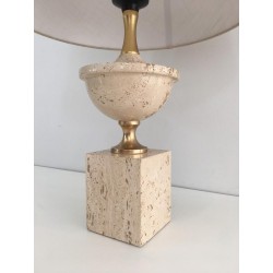 Lampe de Table Balustre en Travertin et Métal Doré par Philippe Barbier, Travail Français, Vers 1970