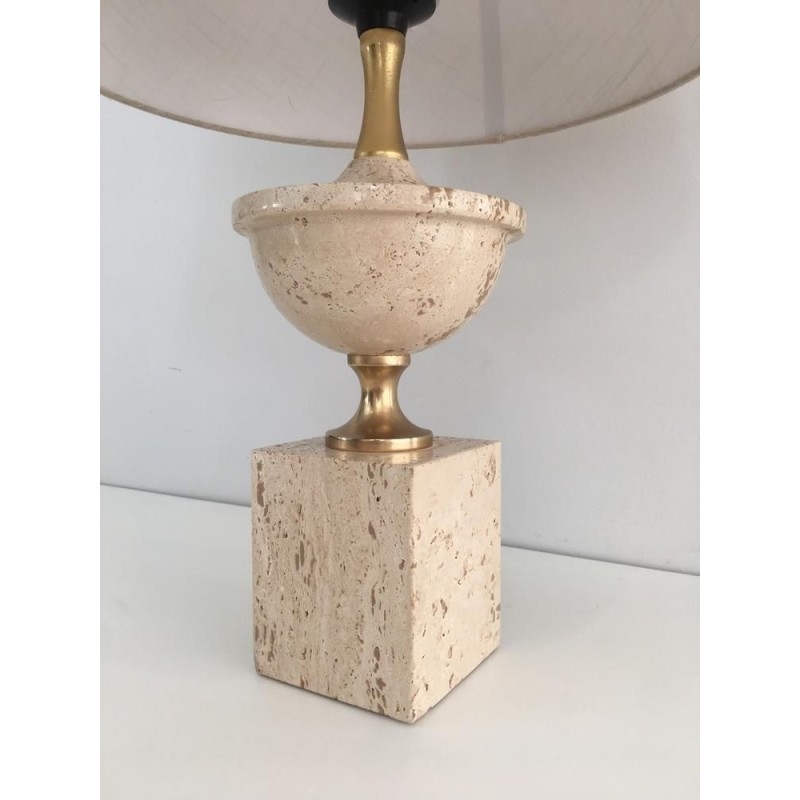 Lampe de Table Balustre en Travertin et Métal Doré par Philippe Barbier, Travail Français, Vers 1970